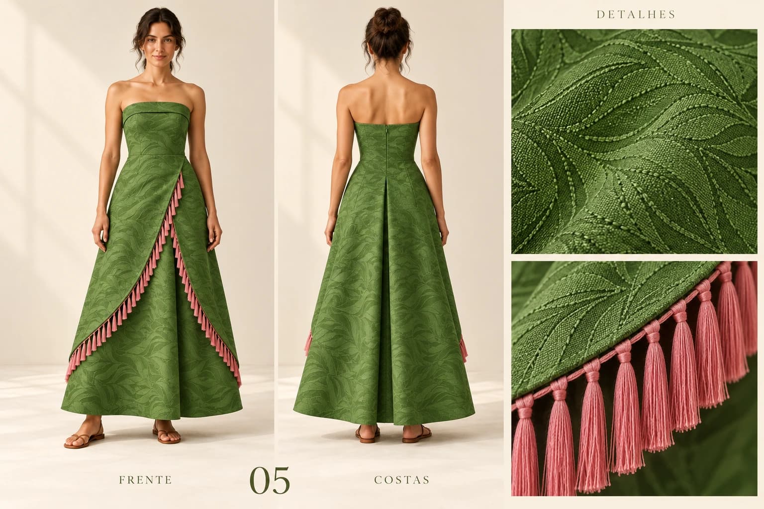 Proposta 05: vestido cai-cai em jacquard botânico verde com franjas rosa