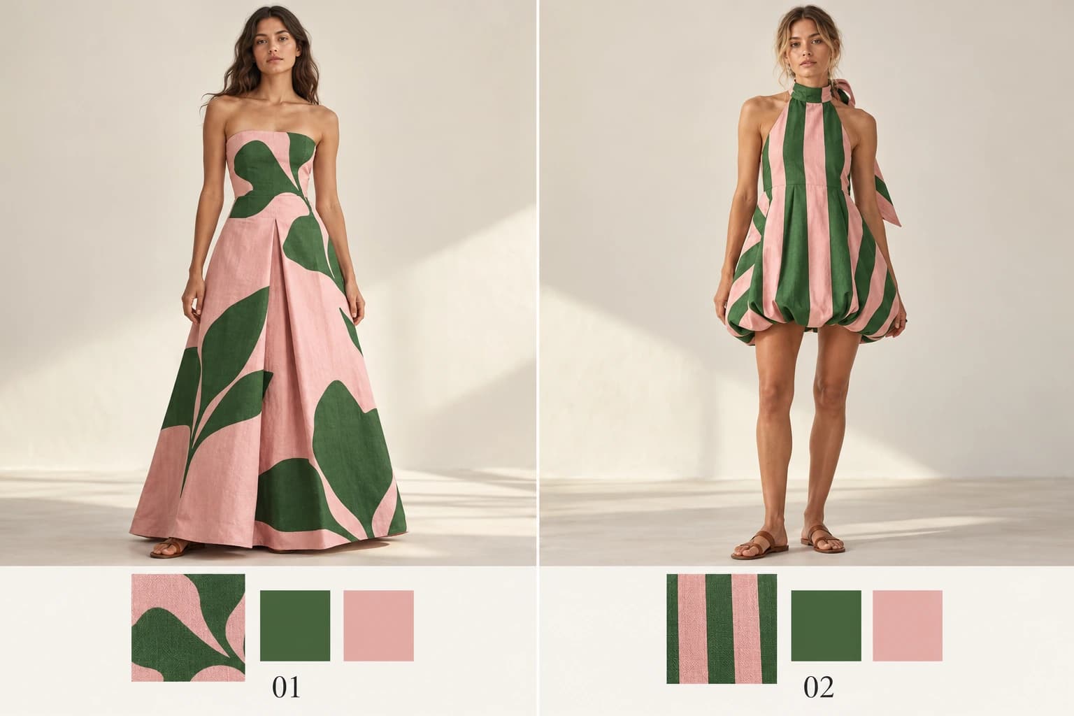 Vestido longo cai-cai botânico e vestido curto halter às riscas, em verde e rosa