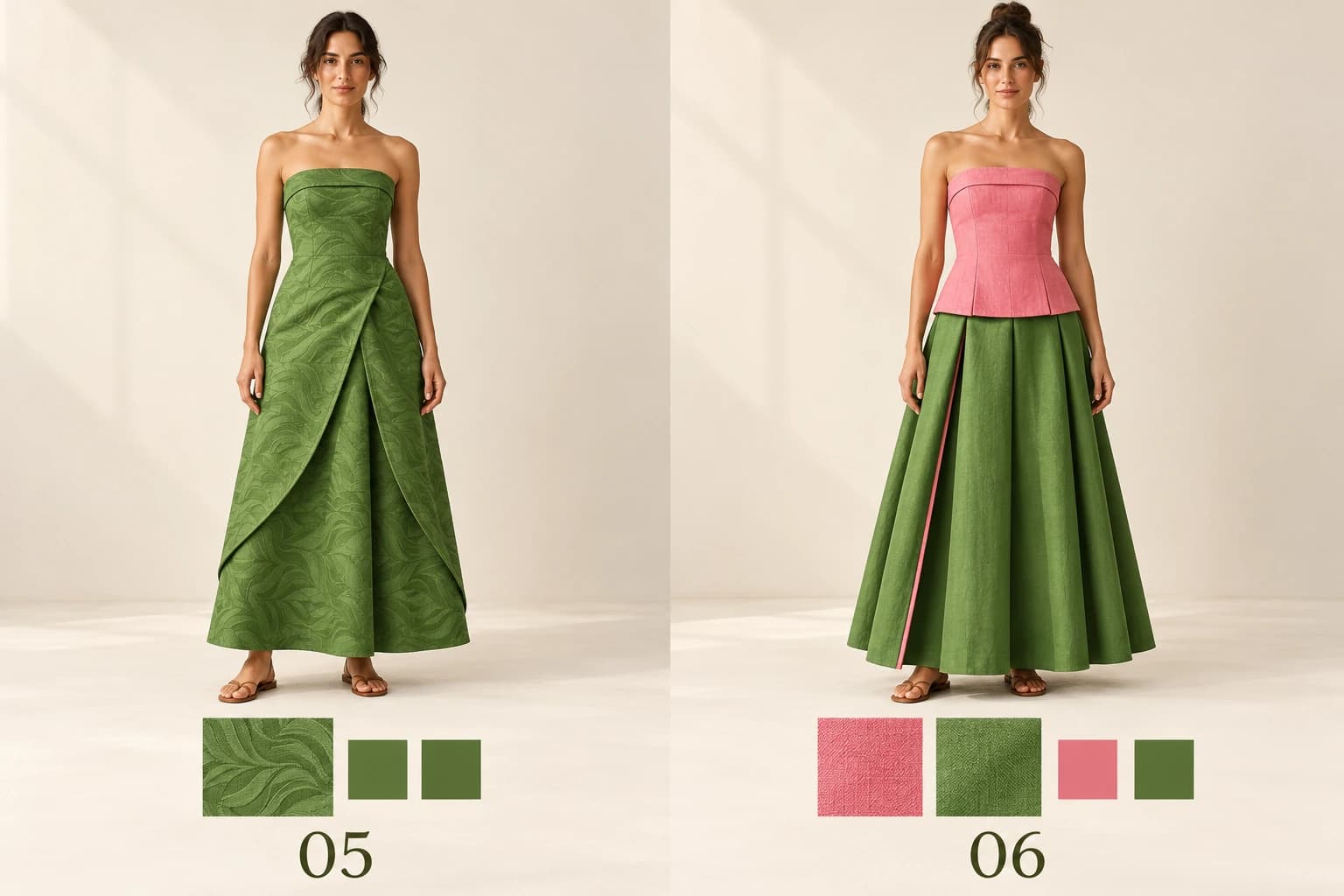 Estudo inicial: modelo 05 verde ainda sem franjas, ao lado da frente do modelo 06 de top rosa e saia verde