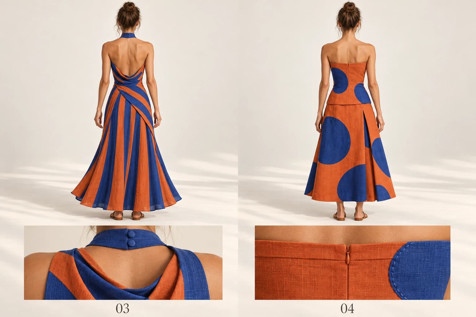 Costas e detalhes dos modelos 03 e 04, com drapeado no vestido às riscas e estudo de relevo no conjunto de poá