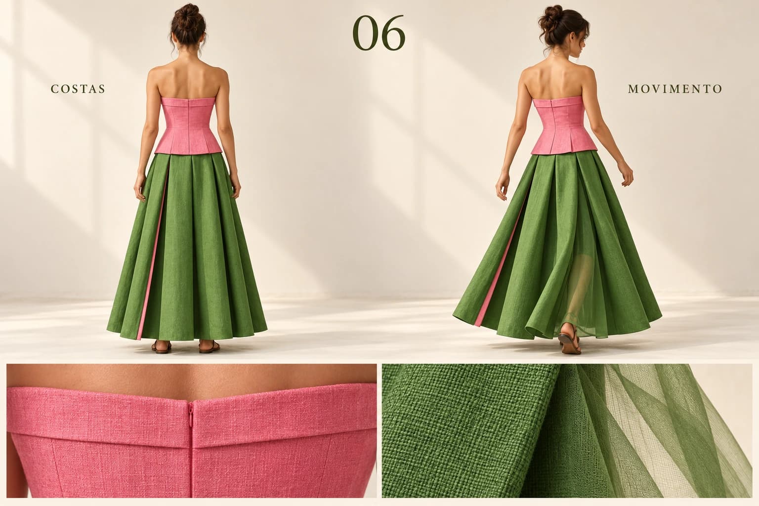 Costas do conjunto 06 com top rosa e saia verde, vistas em movimento e detalhe do painel transparente dentro da prega